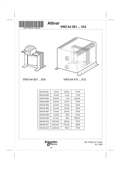 schneider施耐德Instruction sheet - DC choke - VW3A4501 ... 512
